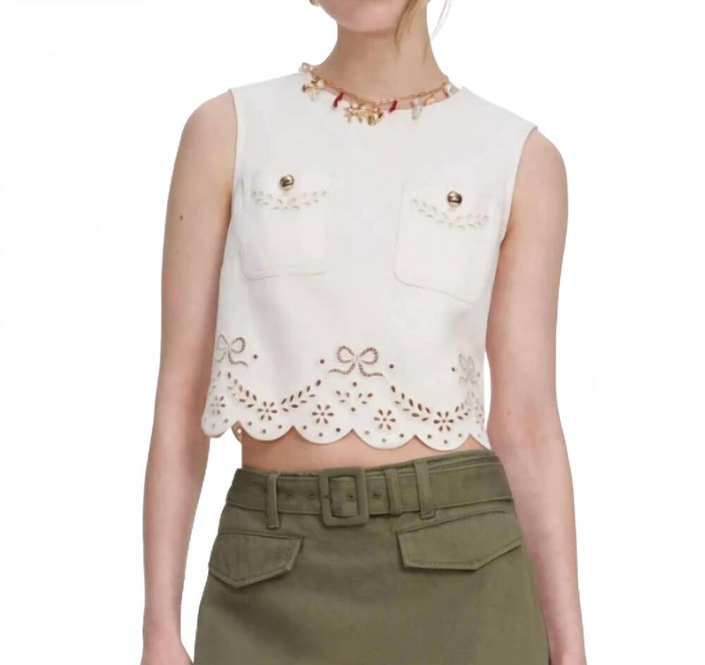NEW SELF-PORTRAIT broderie denim top in ecru